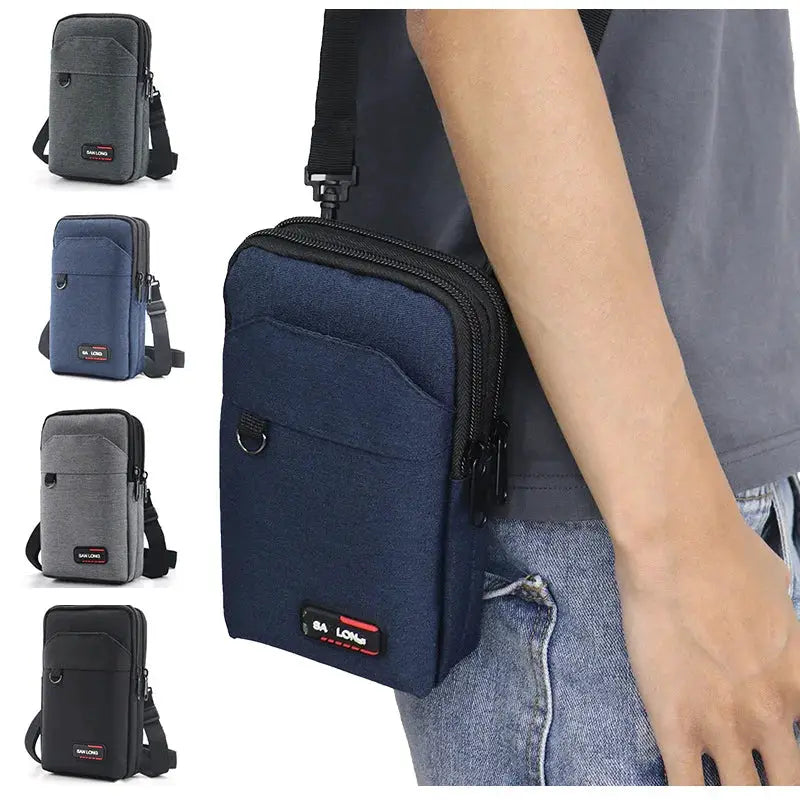 Simples Market men's waterproof tactical waist pack, navy crossbody bag with phone pouch; 5 other color variants.
