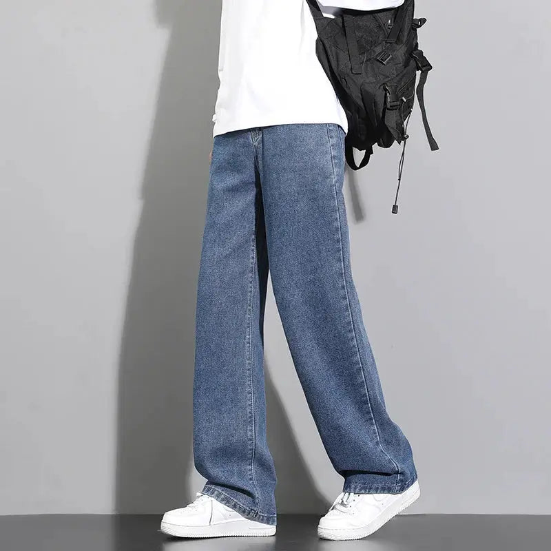 Men's light blue denim jeans, wide-leg casual long fit
