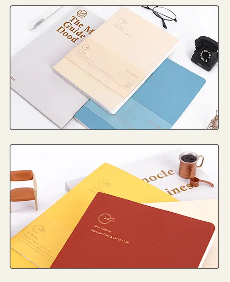 Kinbor weekly planner notebook set by Simples Market; undated planners in beige, blue, yellow and red, 4 planners total