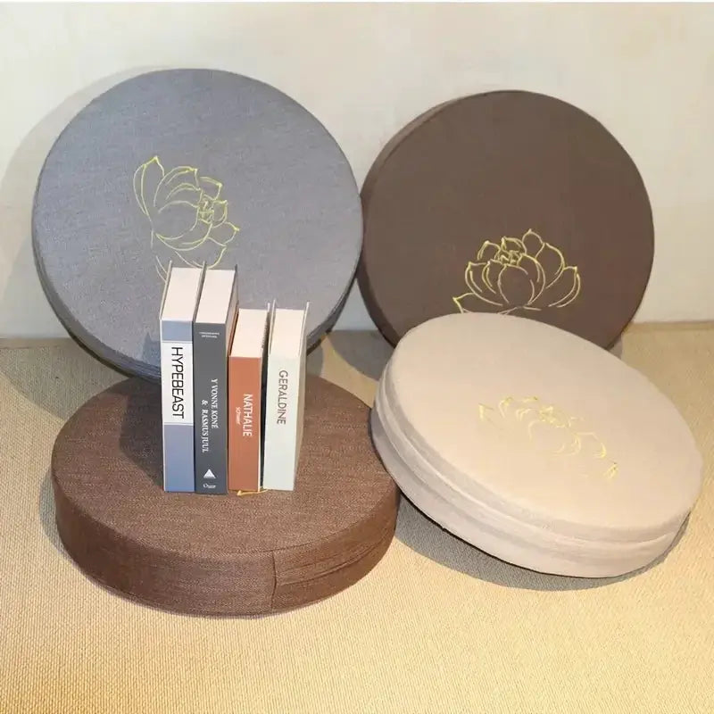 Linen meditation cushions set of 4, round tatami-style cushions in gray, brown and beige with gold lotus print