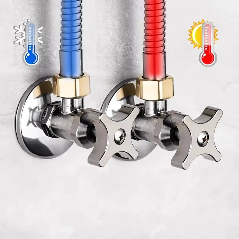 Stainless steel triangle valve faucets (2) for hot and cold water with red and blue supply lines