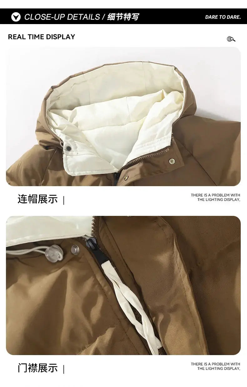 Men's tan hooded parka jacket with white inner lining and zipper