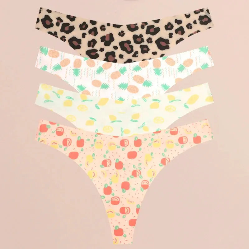 FINETOO thong underwear set, 5 assorted prints including leopard, pineapple, lemon, peach, and pink fruit patterns