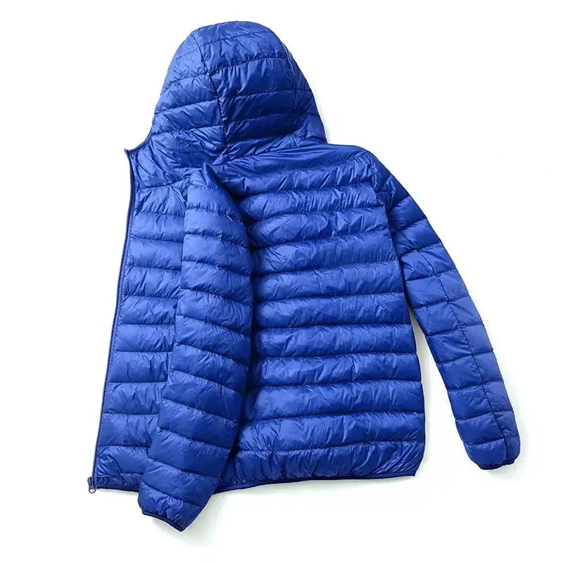 Men's blue hooded ultralight duck-down puffer jacket with horizontal quilting