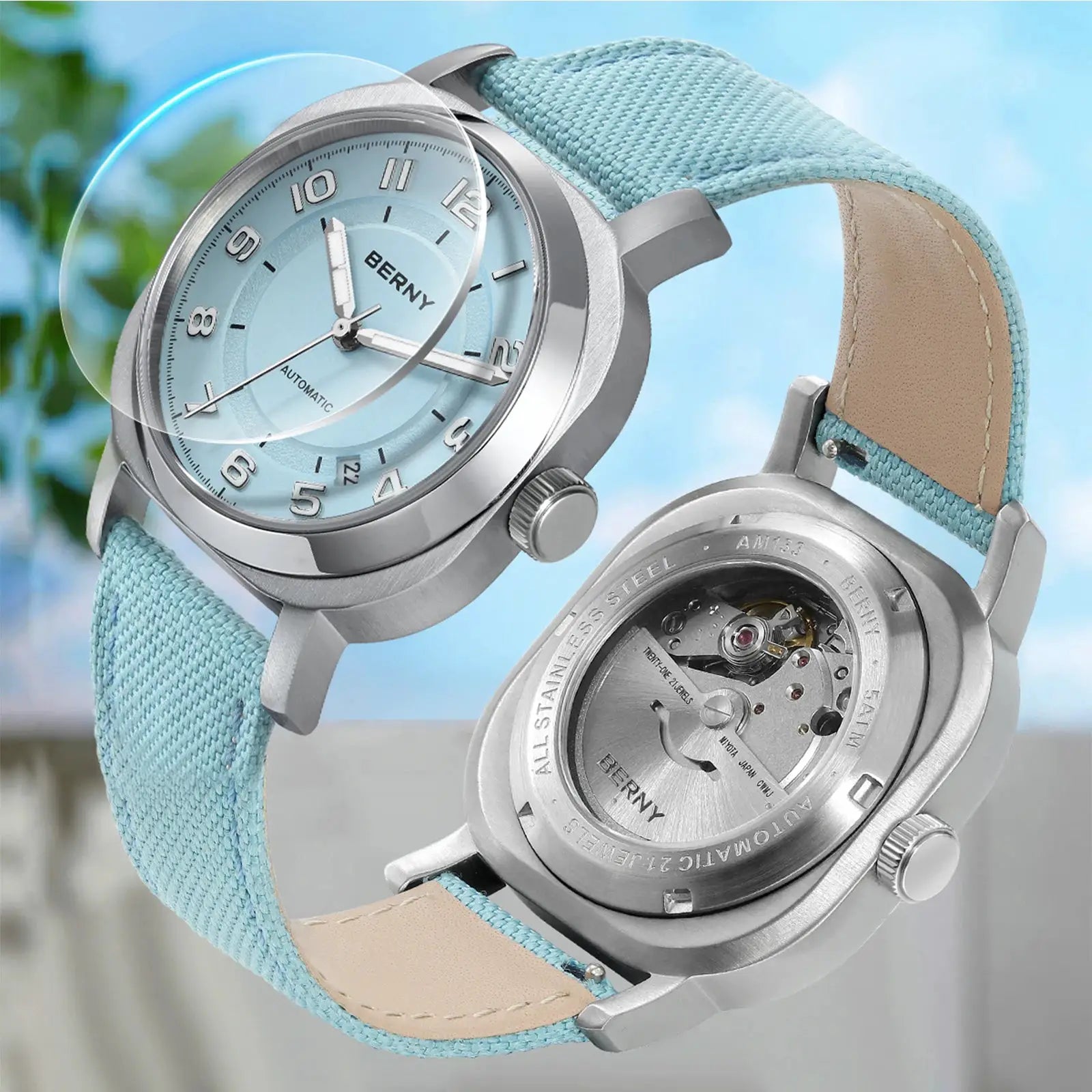 BERNY women's mechanical self-winding watch with light blue dial, silver case, and light blue fabric strap