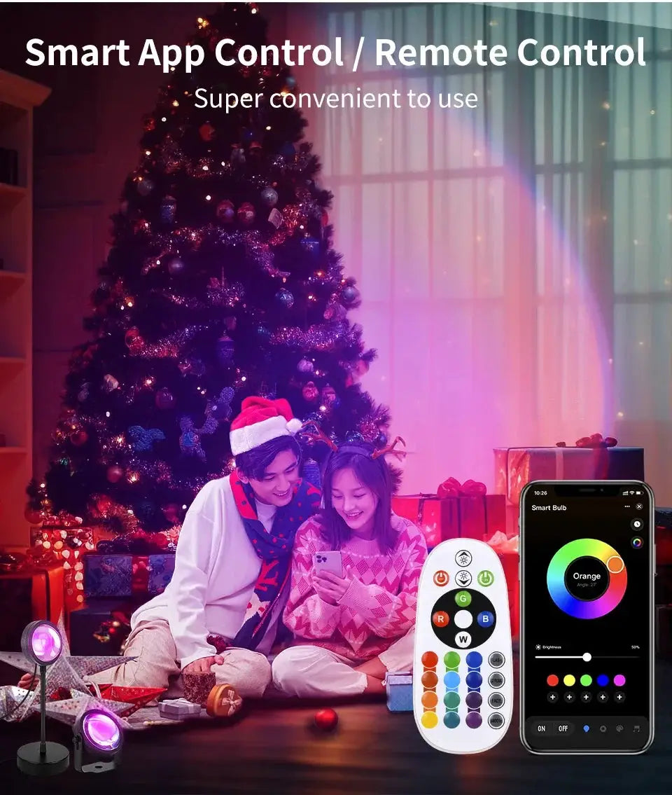 Smart Sunset Lamp RGB projector with remote and app control; two color-changing lamps beside a Christmas tree