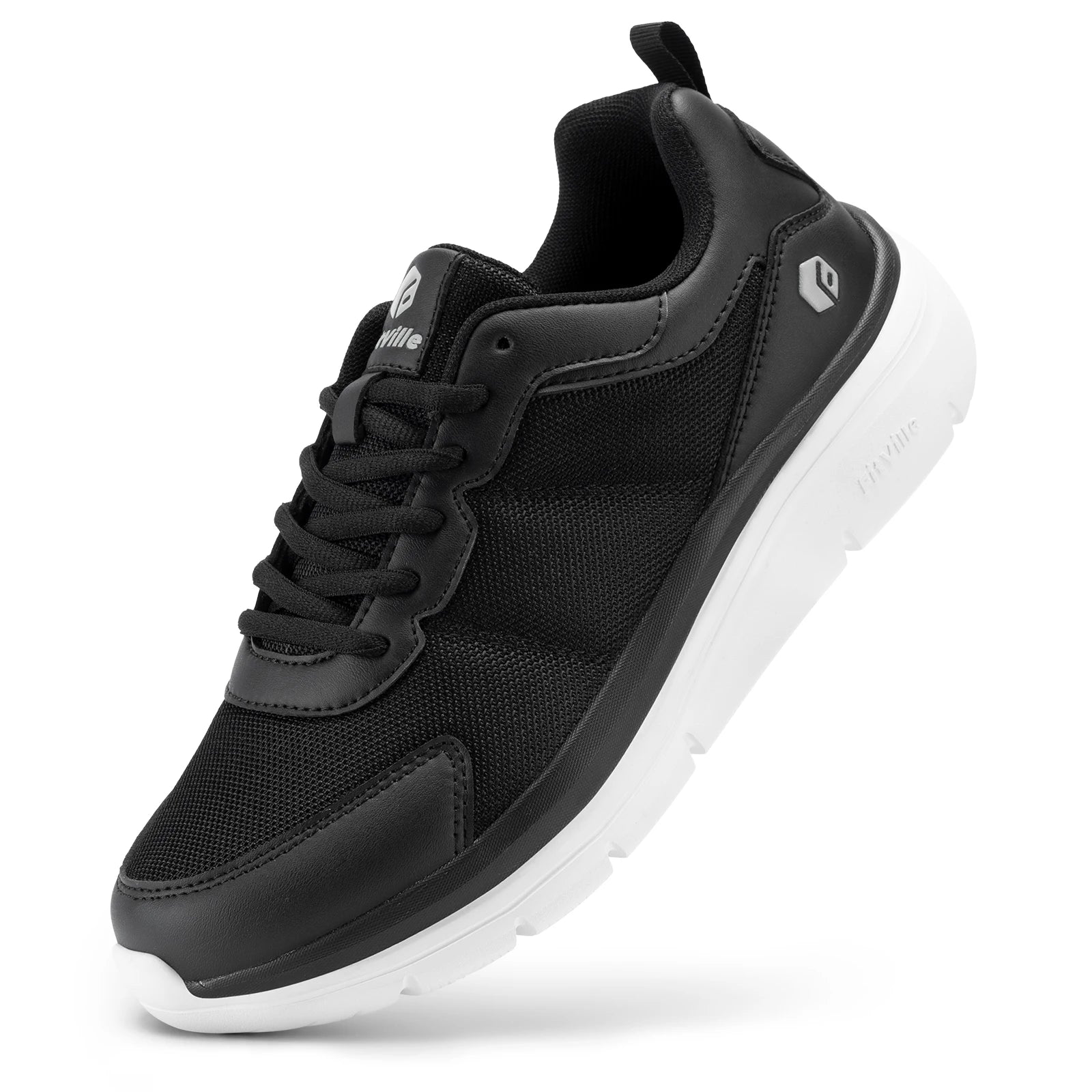 FitVille men's wide-width black walking shoe with mesh upper and white cushioned sole