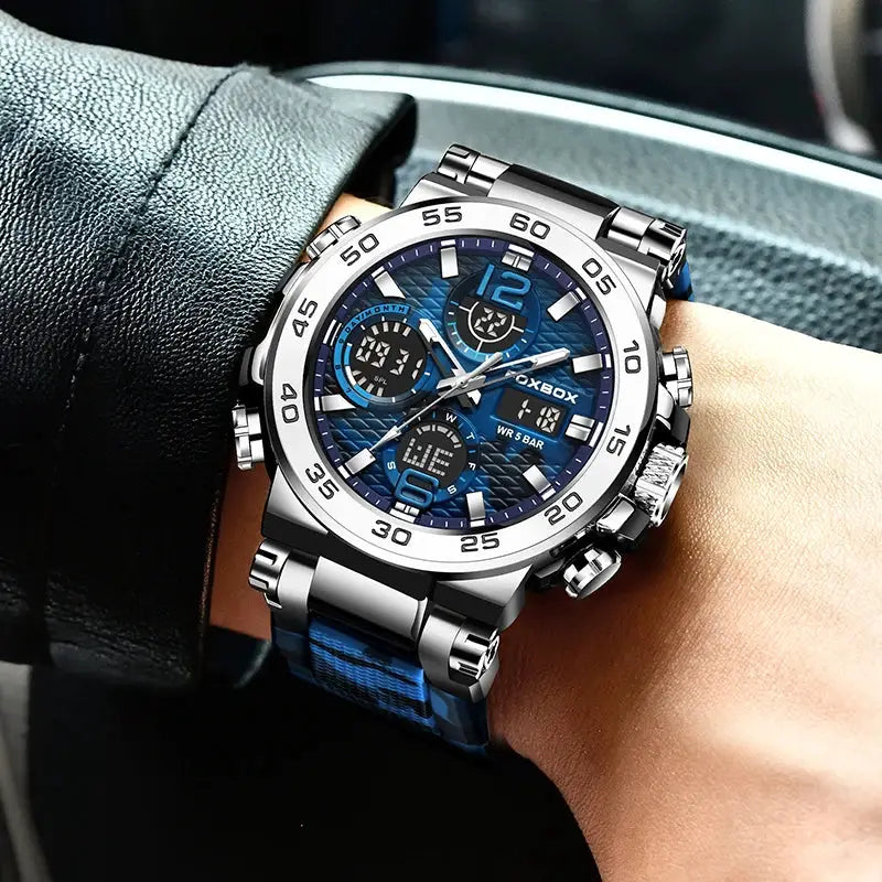 Men's LIGE electronic wristwatch with blue dial, stainless steel case and blue strap, LED display