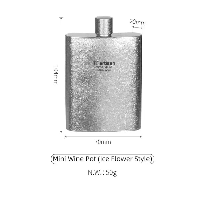 Tiartisan titanium hip flask, silver textured finish, 100 ml pocket whiskey flask.