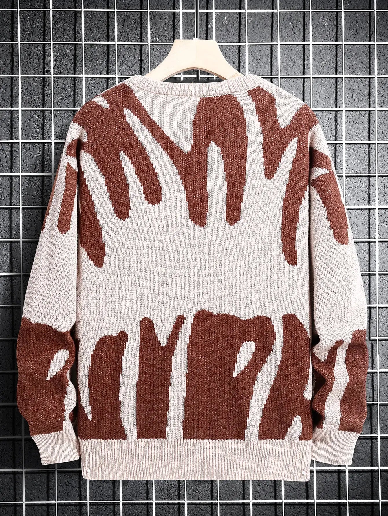 Men's knit pullover sweater with beige base and brown irregular jacquard pattern, round neck