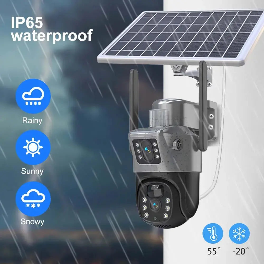 Outdoor solar security camera with solar panel; IP65 waterproof dual-lens PTZ CCTV