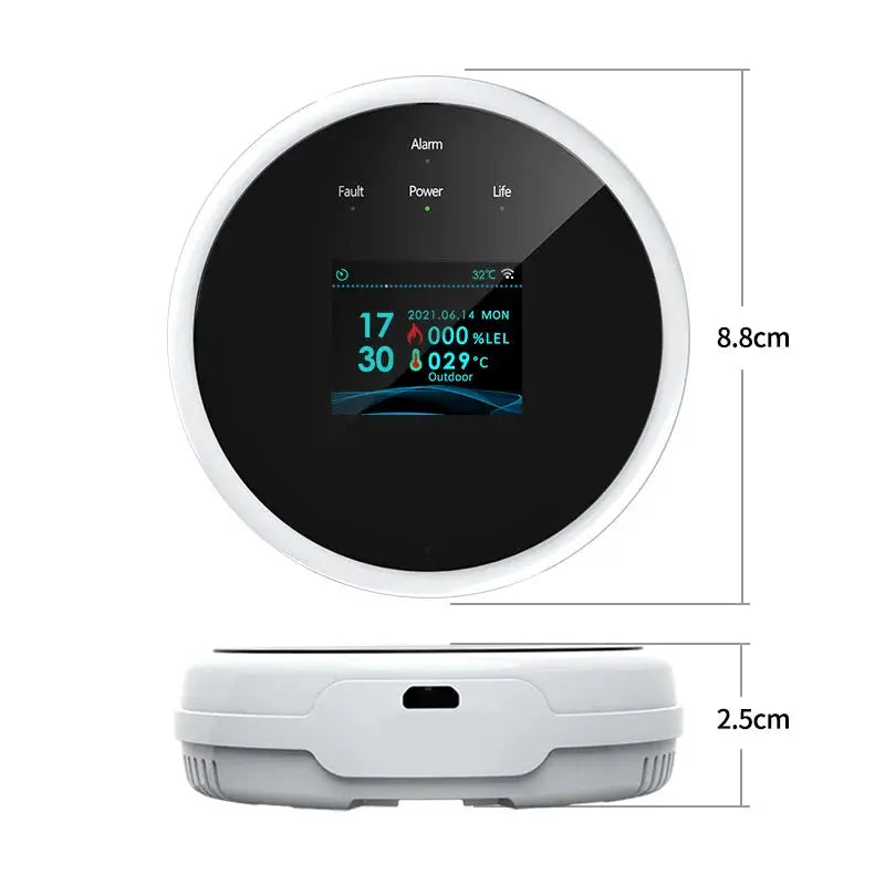 Gas detector Tuya WiFi by Simples Market, round black display with white bezel and LED readout, 8.8 cm diameter.