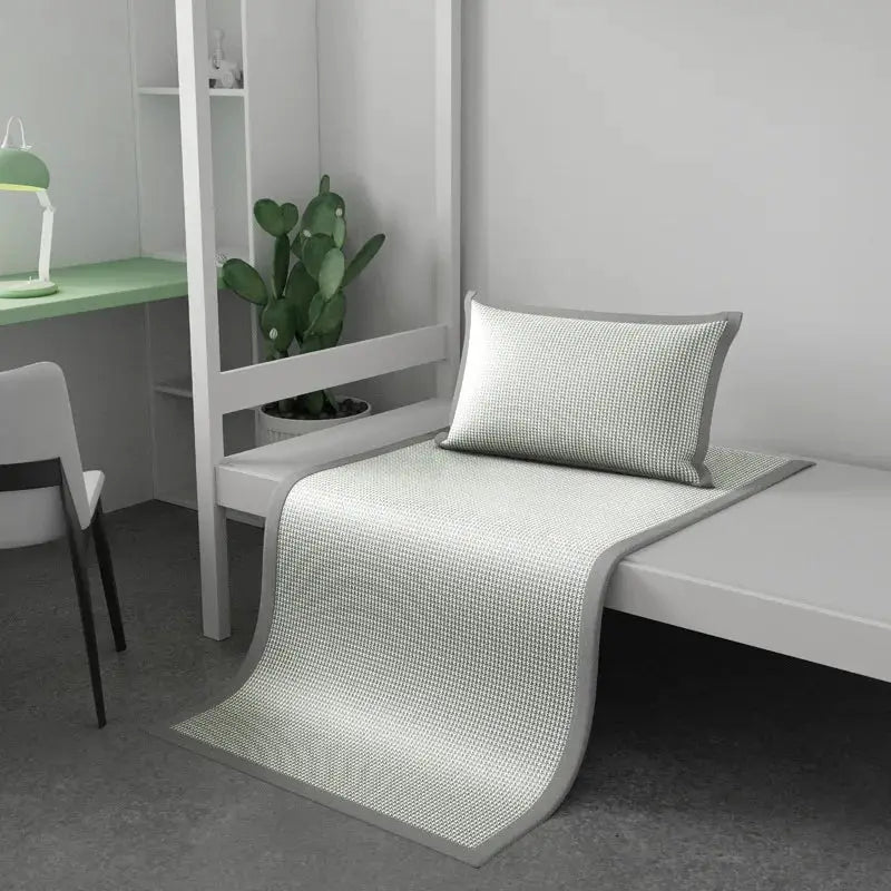 Ice silk sleeping mat by Simples Market, gray jacquard cooling pad with breathable cover on dorm bed