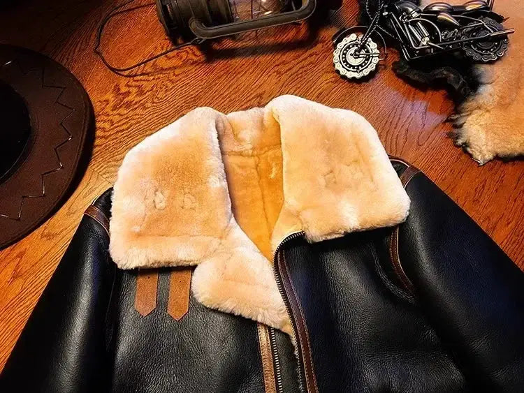 B3 men's shearling bomber jacket, black leather with cream fur collar, Simples Market.