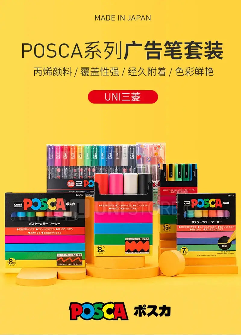 Uni POSCA paint marker pen set in original vinyl case, full PC-1M/PC-3M/PC-5M with three colorful boxed sets