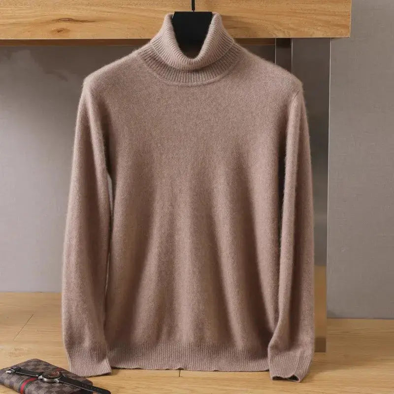 Men's mink velvet cashmere sweater, beige knit pullover with a high ribbed turtleneck, long sleeves