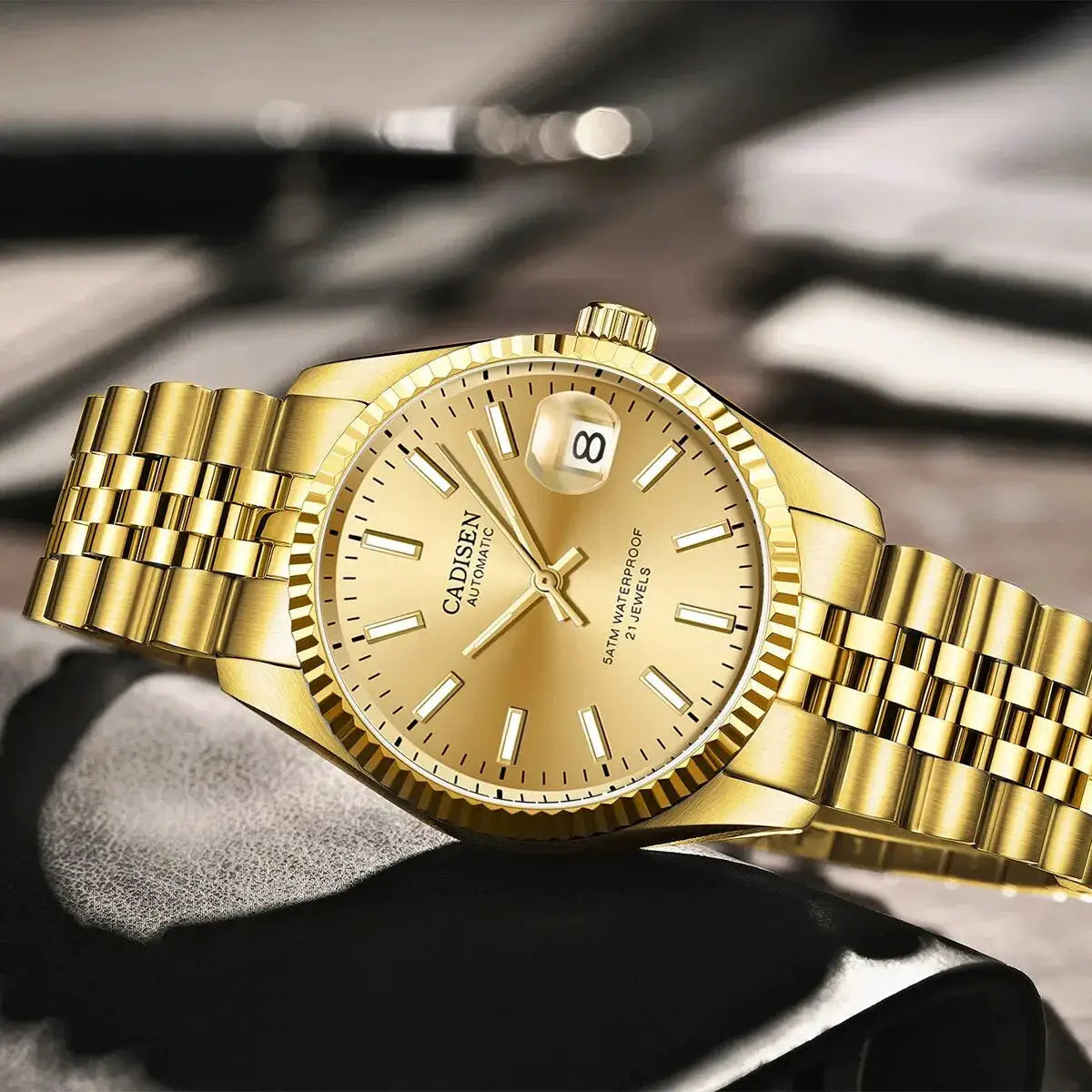 CADISEN men's gold-tone stainless steel automatic watch with date magnifier