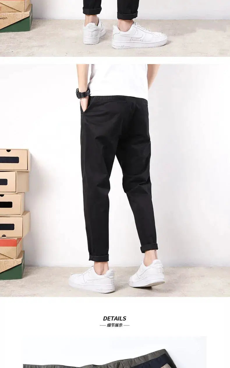 HIQOR men's cotton casual pants, black loose-fit elastic waist, Simples Market