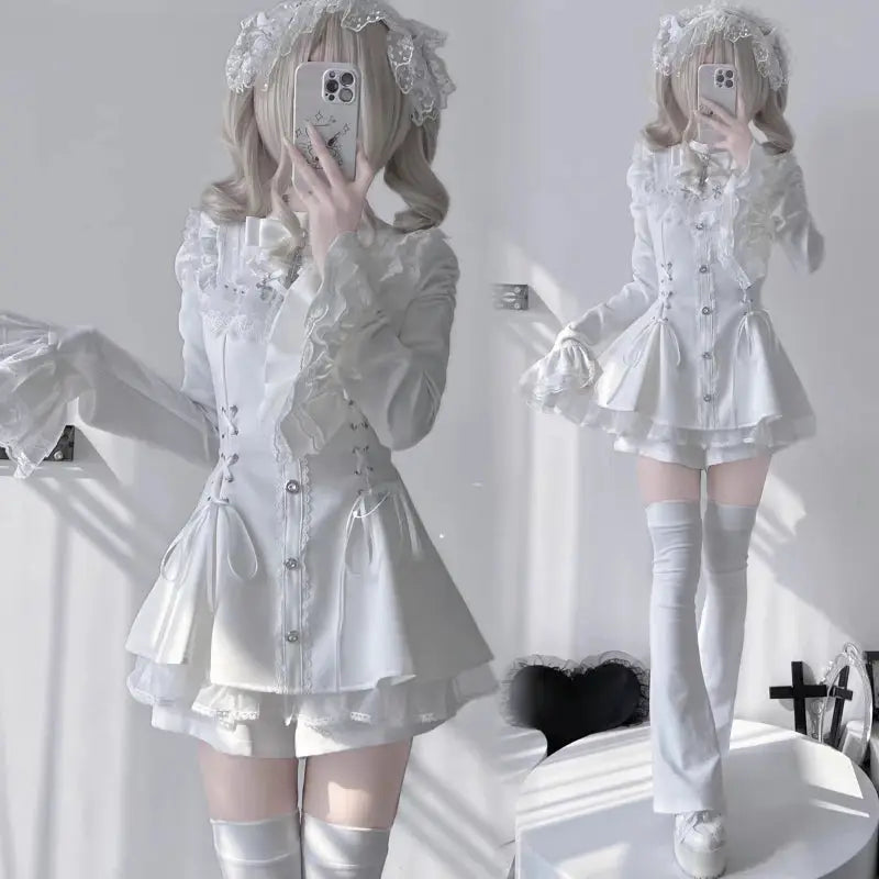 Y2K Lolita Bow Dress Shorts Set Gothic Lace Flare Sleeve Shirt Dress