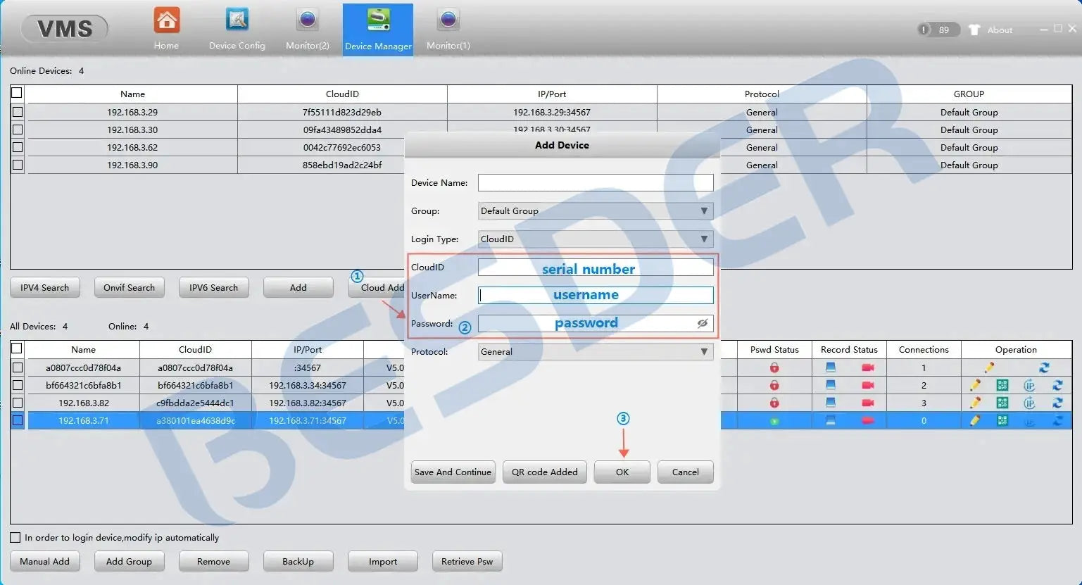 BESDER 4K 8MP WiFi IP camera interface screenshot showing device manager and Add Device dialog