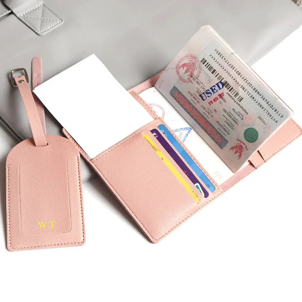 Pink travel passport cover set with luggage tag and card holder in faux leather