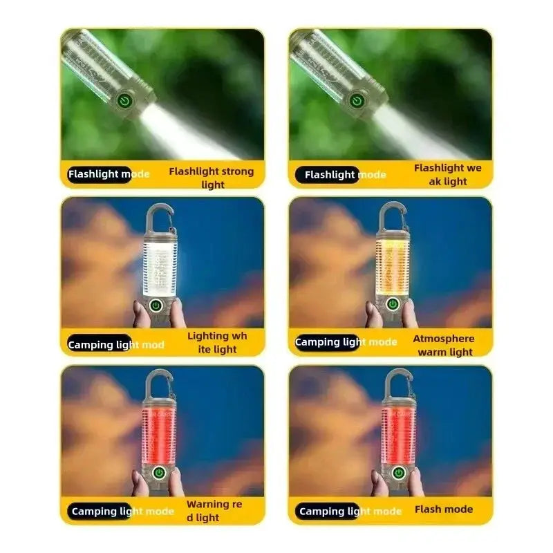 Outdoor LED camping lanterns; six portable, rechargeable, waterproof lights in red, white and warm-white