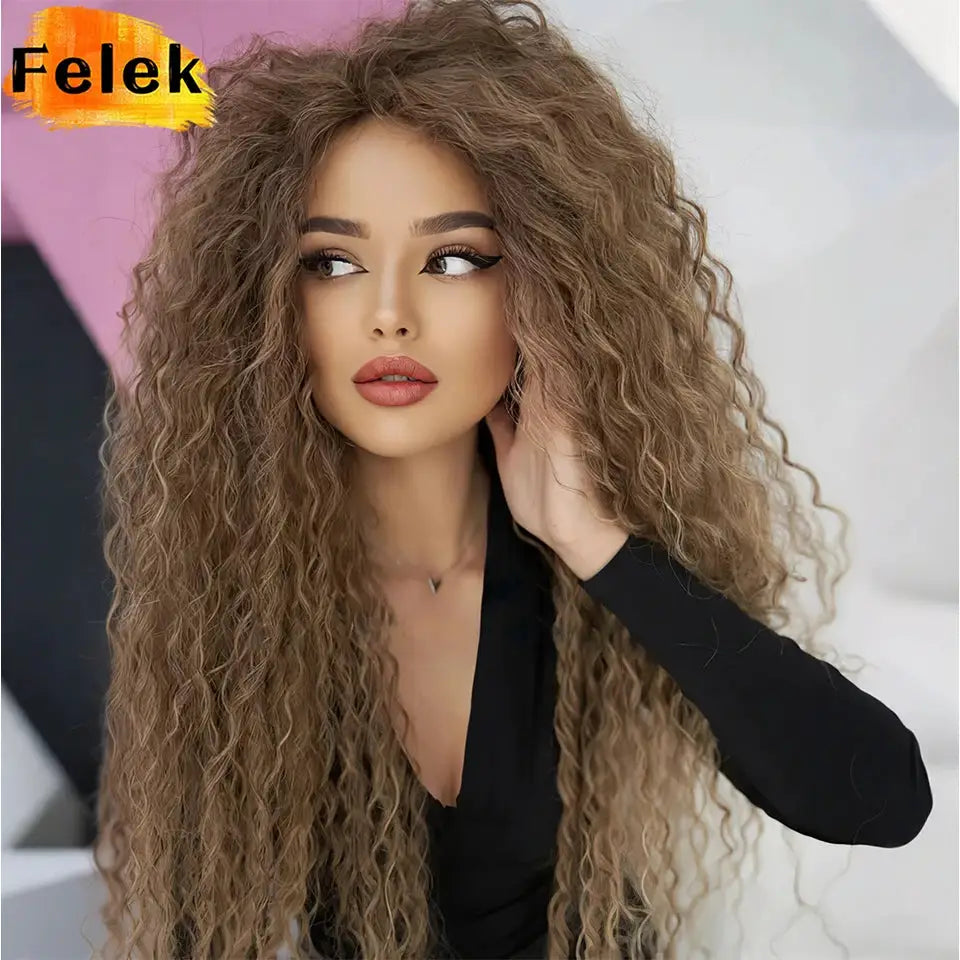 Ariel Curls water-wave crochet hair extensions, synthetic Afro curls, ombré blonde-brown, Felek logo visible