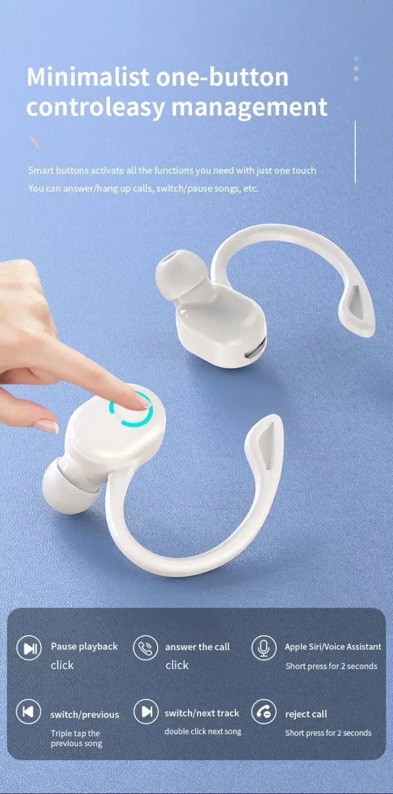 Wireless ear-hook earbuds with mic, Bluetooth 5.2, white, noise-cancelling
