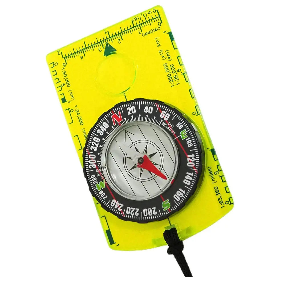 Waterproof outdoor compass in bright yellow housing with black bezel and red needle for camping and hiking.