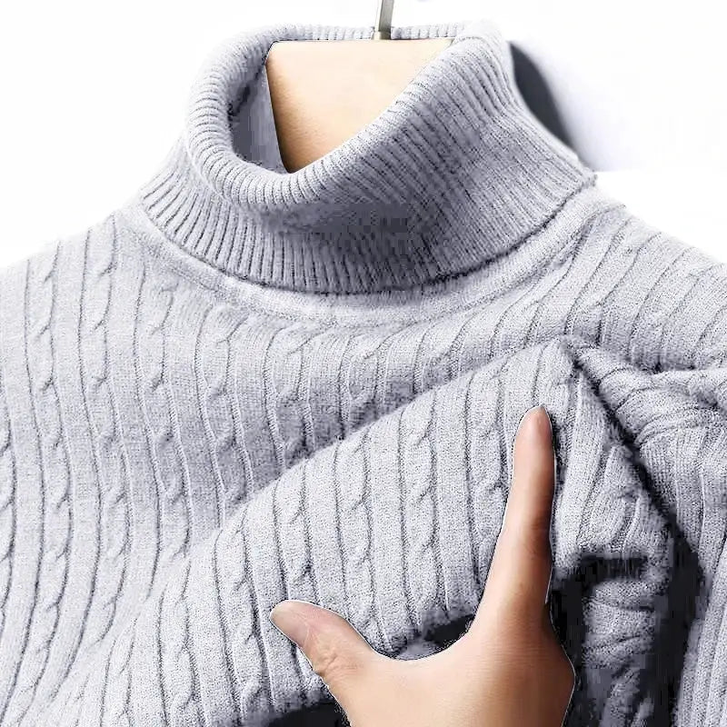 Men's grey ribbed turtleneck sweater, soft knitted pullover with long sleeves