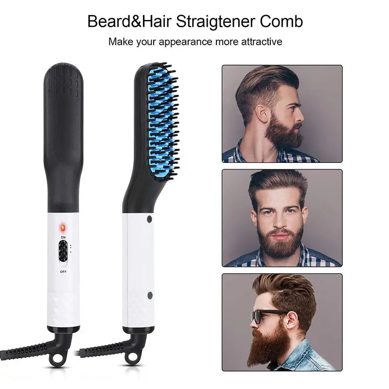Beard and hair straightener comb set by Simples Market; black and white electric brush with blue bristles (2-piece)