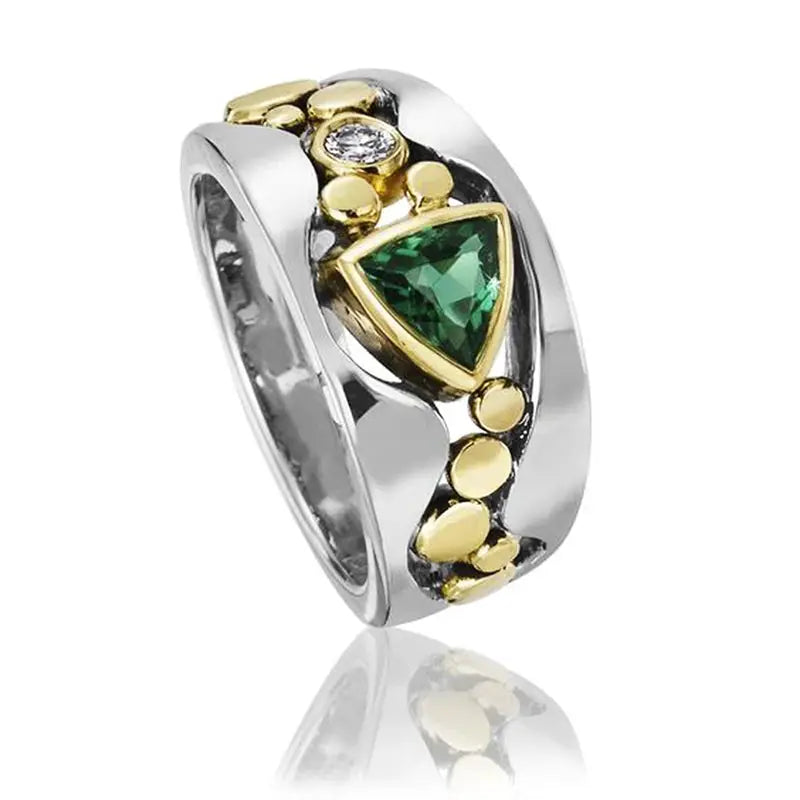 Huitan two-tone triangular green CZ ring for women, silver band with gold accents