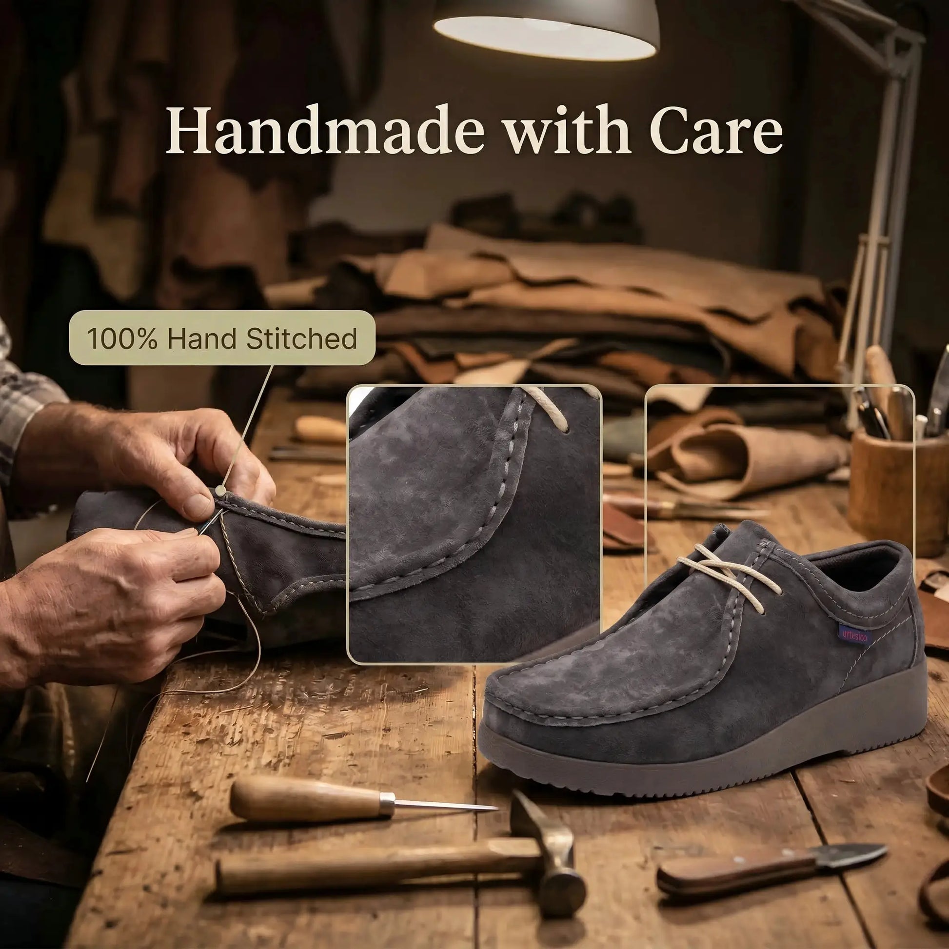 Men's gray suede loafers, genuine leather, hand-sewn in a workshop with stitching tools