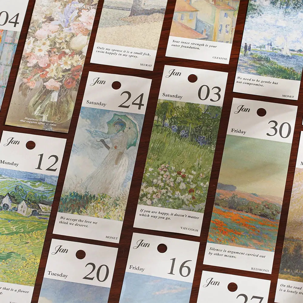 Desk calendar 2026 with vintage oil paintings and inspirational quotes on multiple pages