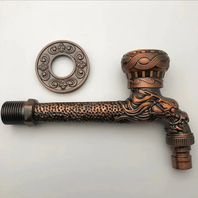 Outdoor wall-mounted antique faucet with bronze finish and dragon-carved handle, round escutcheon plate