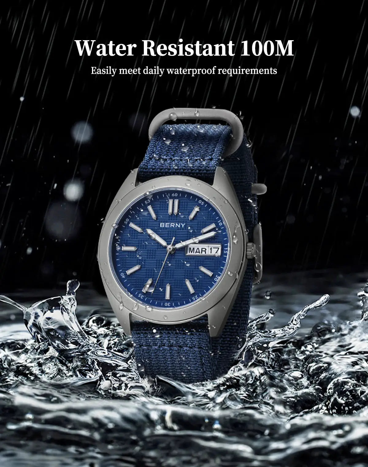 BERNY men's titanium watch with blue dial, date window, 38mm case, blue fabric strap, 10ATM water resistant