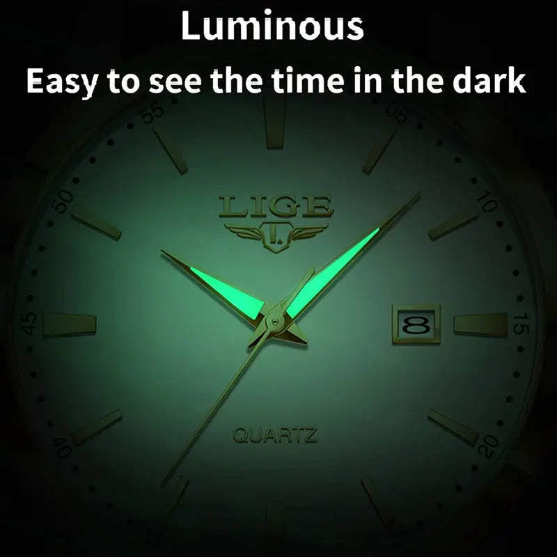 LIGE quartz men's wristwatch with luminous green hands and a date window