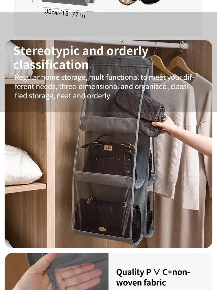 6-pocket gray hanging handbag organizer with clear pockets and waterproof non-woven fabric by Simples Market