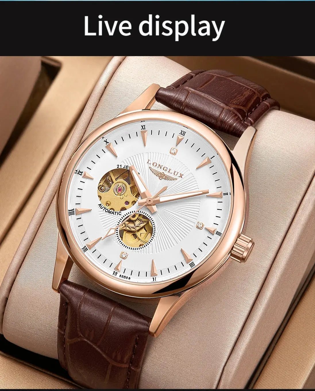LONGLUX automatic skeleton watch; rose gold case, brown leather strap.