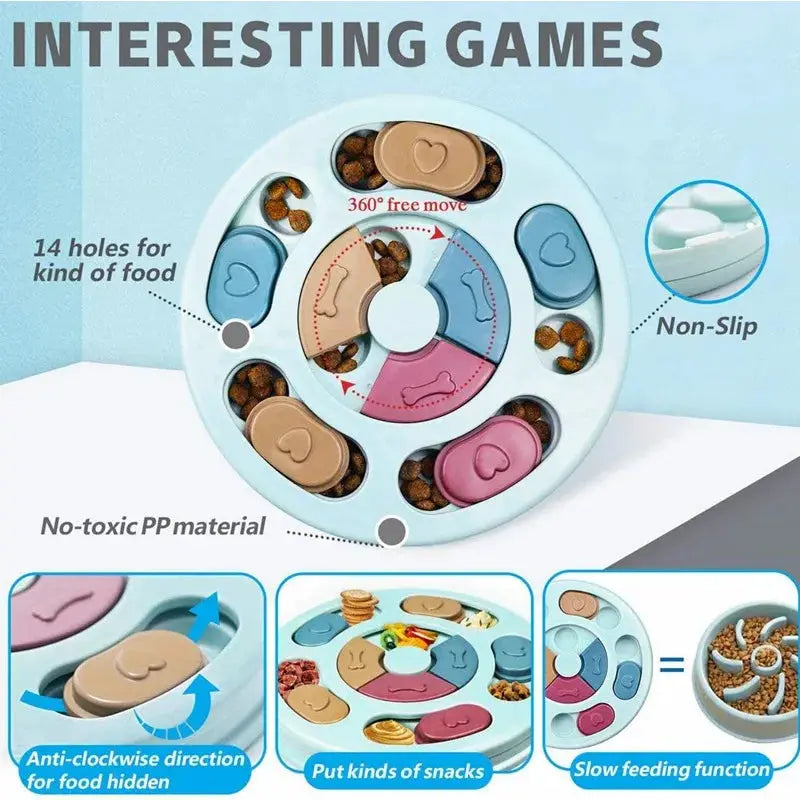 Simples Market dog food hiding bowl, interactive slow-feeding puzzle toy with 14 holes and blue outer ring.