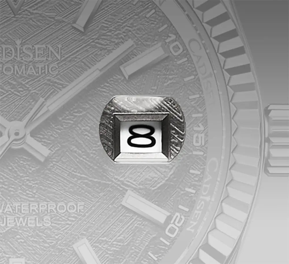 CADISEN DD40 men's automatic watch with date window showing 8 and stainless steel bezel