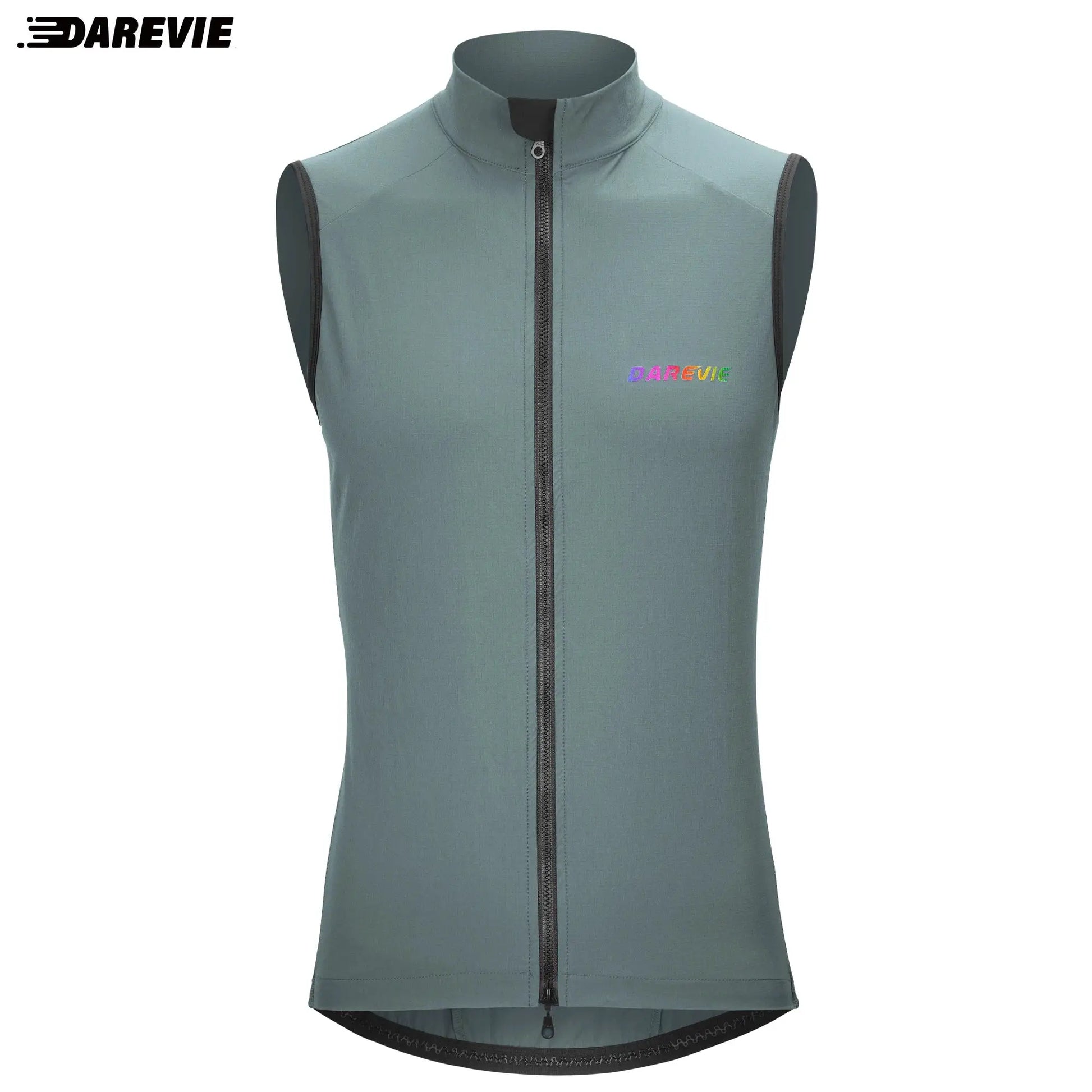DAREVIE cycling vest in teal with front zipper, high collar, rainbow logo on chest