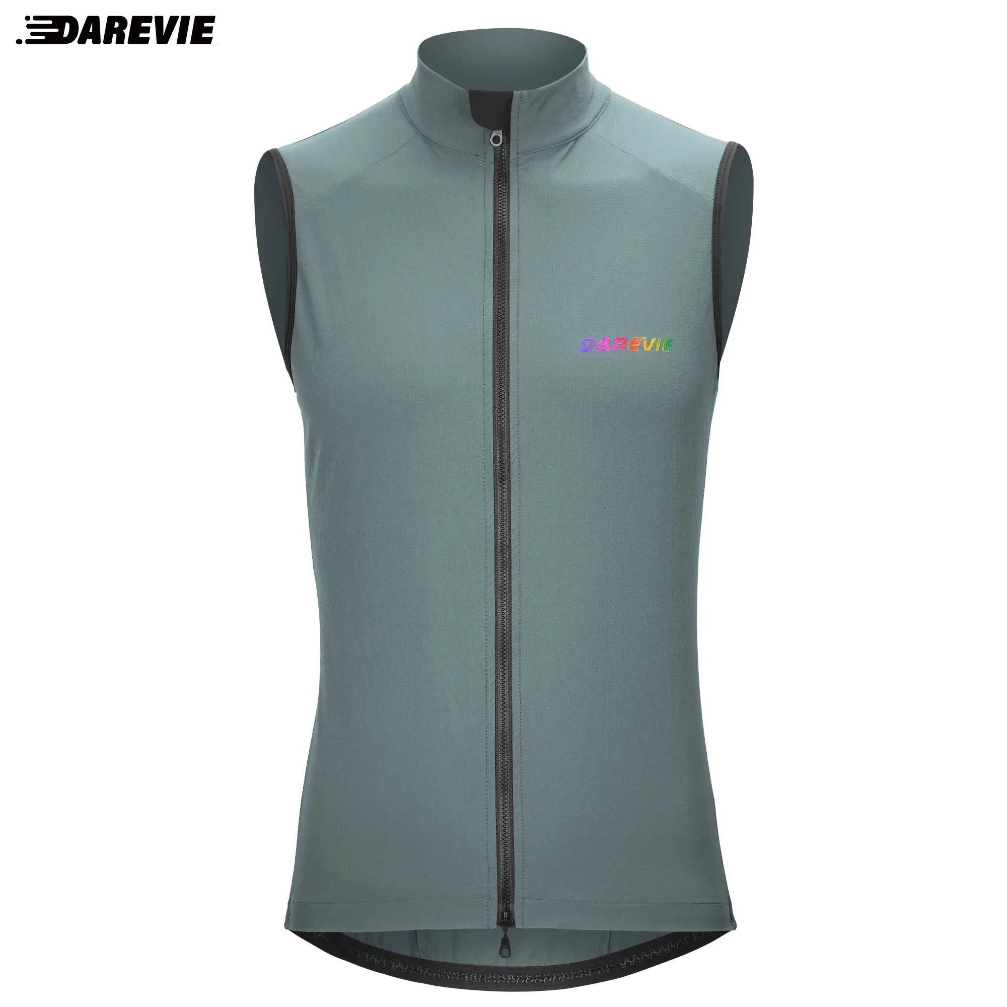 DAREVIE cycling vest in teal with front zipper, high collar, rainbow logo on chest