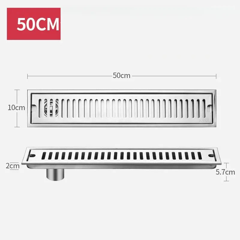 Rectangular stainless steel floor drain, 50cm long, Simples Market, anti-odor shower drain, 304-grade.