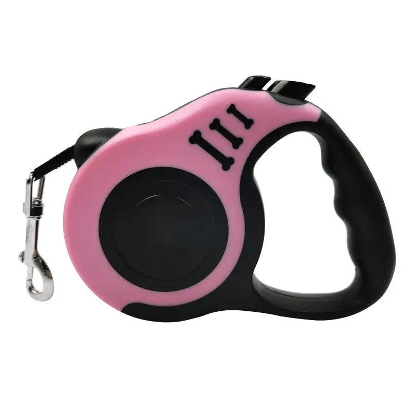 Retractable dog leash in pink and black with nylon lead