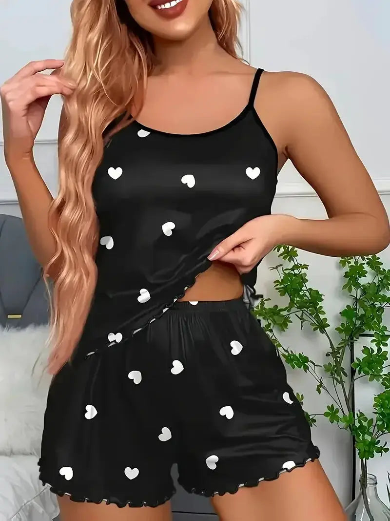 DreamWear Women Two Piece Suspender Pajama Set Heart Print Top and Shorts for Casual Summer Comfort