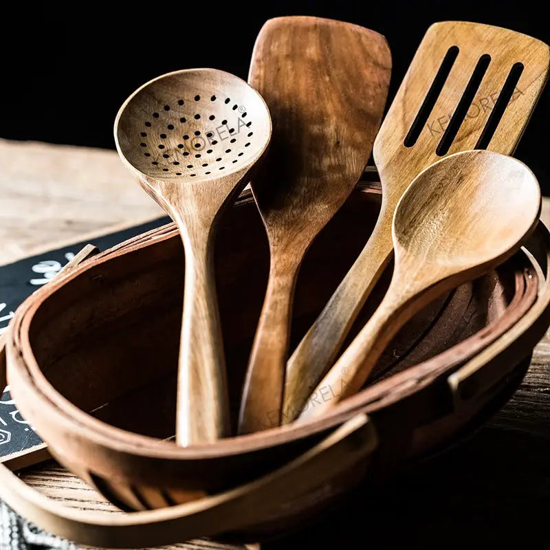 9 Piece Teak Wood Kitchen Utensils Set With Holder Eco Friendly Wooden Spoons And Tools For Cooking