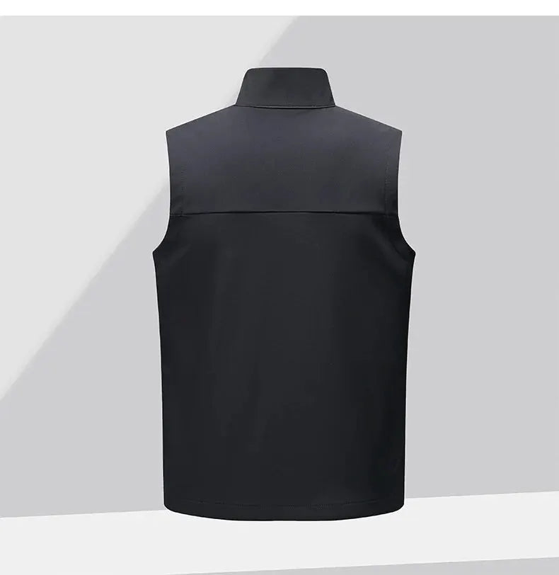 Simples Market black men's soft-shell vest; sleeveless, waterproof and windproof for autumn/winter wear.
