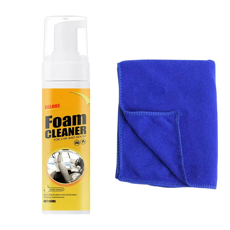Car foam cleaner spray by Simples Market with blue microfiber cleaning cloth
