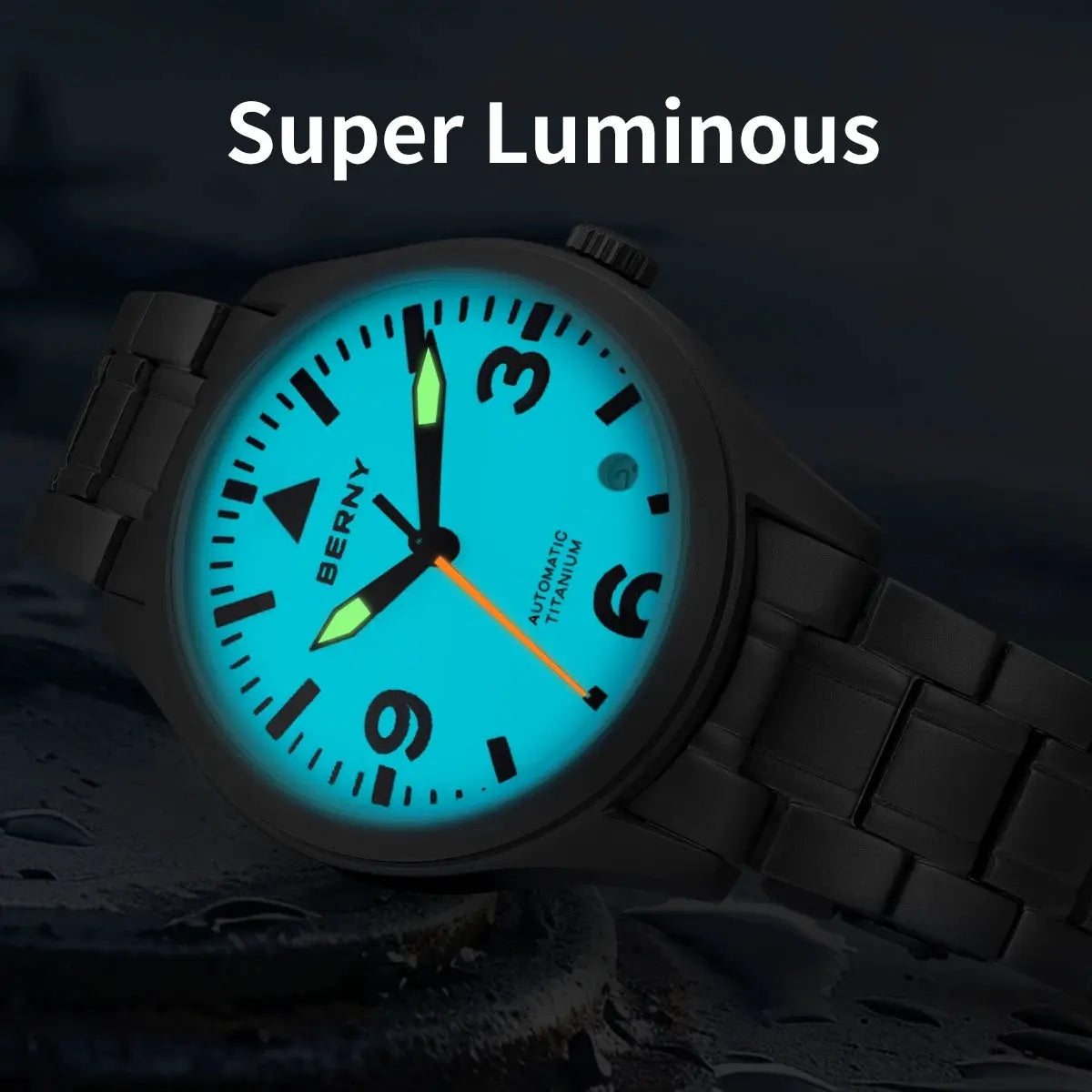 BERNY Aviation titanium mechanical watch with luminous teal dial and black bracelet